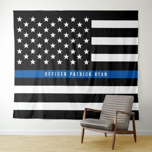 Police Thin Blue Line American Flag Monogram Tapestry