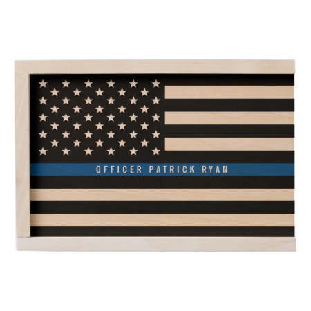 Police Thin Blue Line American Flag Monogram Wooden Keepsake Box