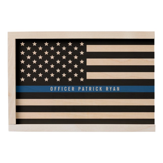 Police Thin Blue Line American Flag Monogram Wooden Keepsake Box (Front)