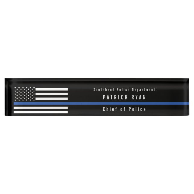 Police Thin Blue Line American Flag Monogrammed Desk Name Plate (Front)