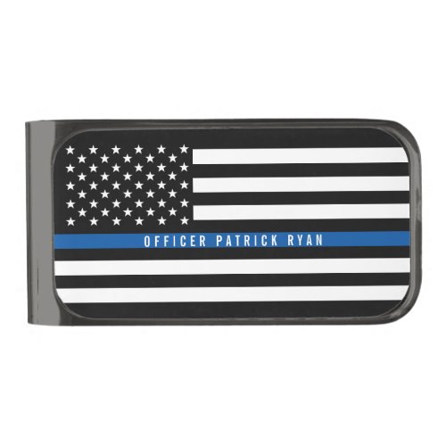 Police Thin Blue Line American Flag Monogrammed Gunmetal Finish Money Clip