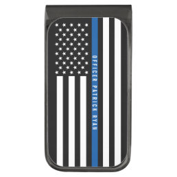 Police Thin Blue Line American Flag Monogrammed Gunmetal Finish Money Clip