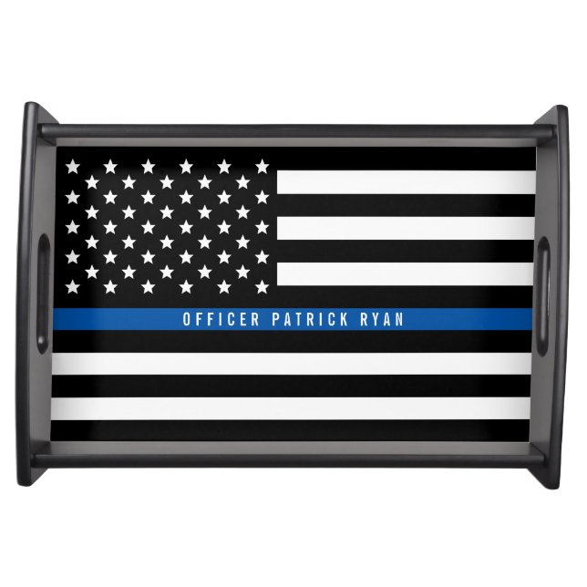 Police Thin Blue Line American Flag Name Serving Tray (Front)
