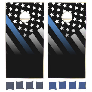 Police Thin Blue Line American Flag Officer Black Cornhole Set