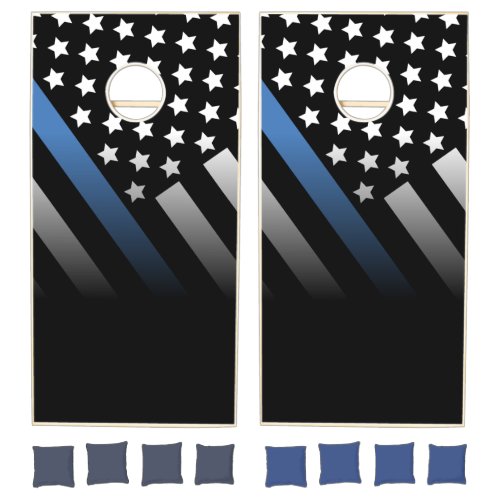 Police Thin Blue Line American Flag Officer Black  Cornhole Set