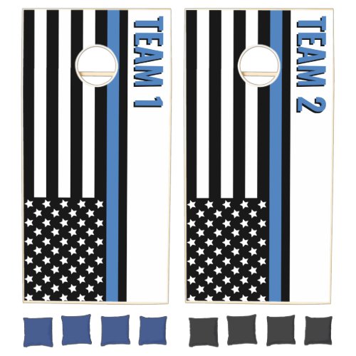 Police Thin Blue Line American Flag Officer Black Cornhole Set