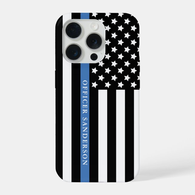 Police Thin Blue Line American Flag Officer Name iPhone Case (Back)