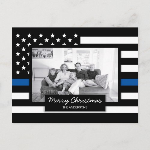 Police Thin Blue Line American Flag Photo Holiday Postcard