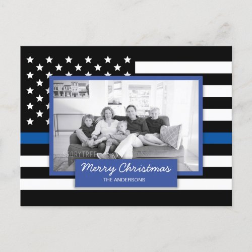 Police Thin Blue Line American Flag Photo Holiday Postcard