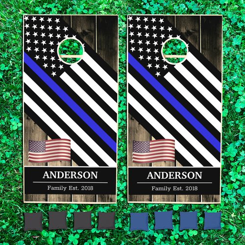 Police  Thin Blue Line American Flag Wood  USA Cornhole Set