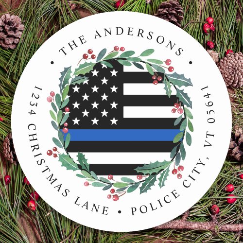 Police Thin Blue Line Christmas Return Address Classic Round Sticker