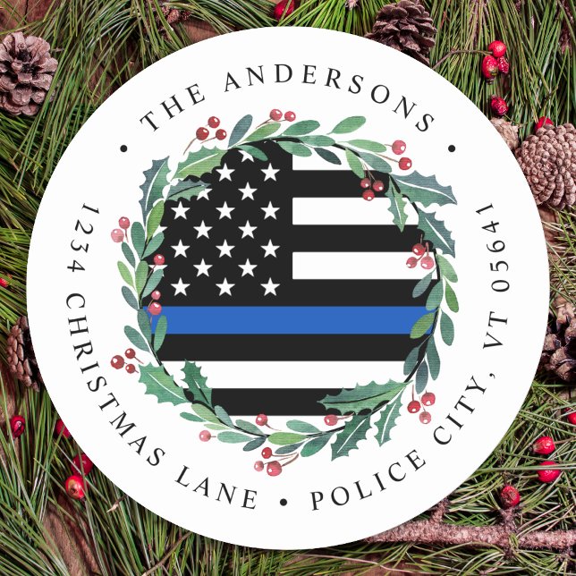 Police Thin Blue Line Christmas Return Address Classic Round Sticker (Creator Uploaded)