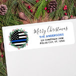 Police Thin Blue Line Christmas Return Address Label<br><div class="desc">Add the finishing touch to your envelopes, Christmas cards and stationary with this unique police thin blue line flag Christmas Return Address Label - Holiday wreath in a police flag design modern black blue design with holly and berries. Personalize with family name and address. This police Christmas address label is...</div>