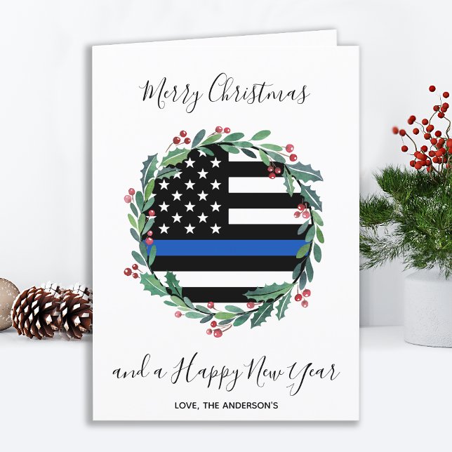 Police Thin Blue Line Christmas Wreath  Holiday Ca Card (Creator Uploaded)