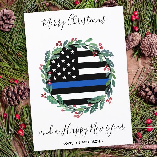 Police Thin Blue Line Christmas Wreath  Holiday Card