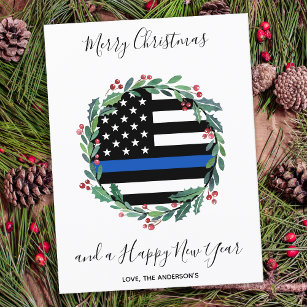 Police Thin Blue Line Christmas Wreath Holiday Postcard