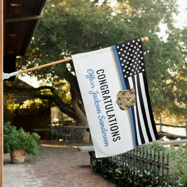 Police Thin Blue Line Congratulations Retirement House Flag (In SItu)