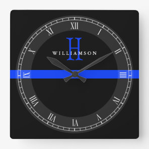 Police Thin Blue Line Custom Monogram Square Wall Clock