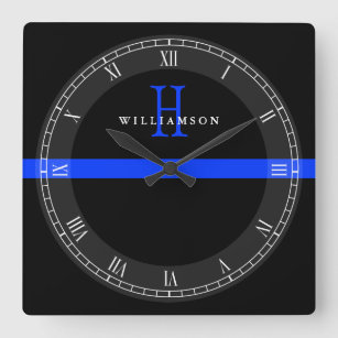 Police Thin Blue Line Custom Monogram Square Wall Clock