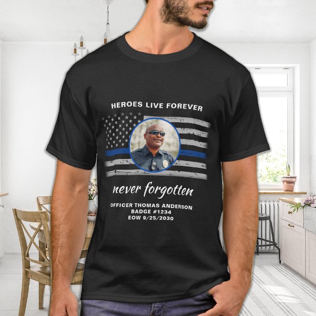 Police Thin Blue Line Custom Photo Memorial T-Shirt (Creator Uploaded)