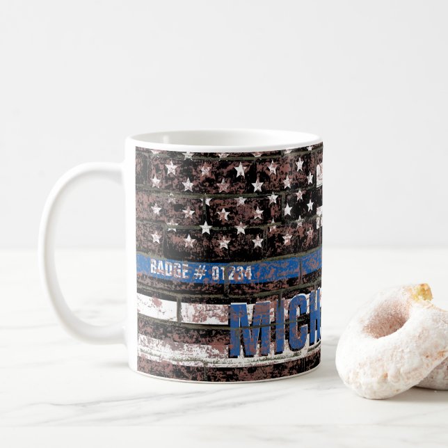 Police Thin Blue Line Distressed Flag Monogrammed Coffee Mug (With Donut)