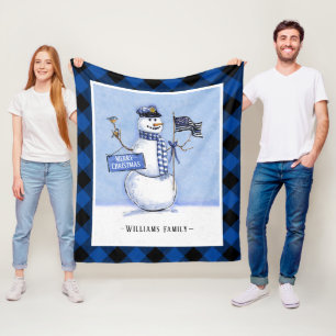 Police Thin Blue Line Flag Christmas Snowman Plaid Fleece Blanket