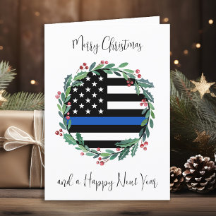 Police Thin Blue Line Flag Christmas Wreath Holiday Card
