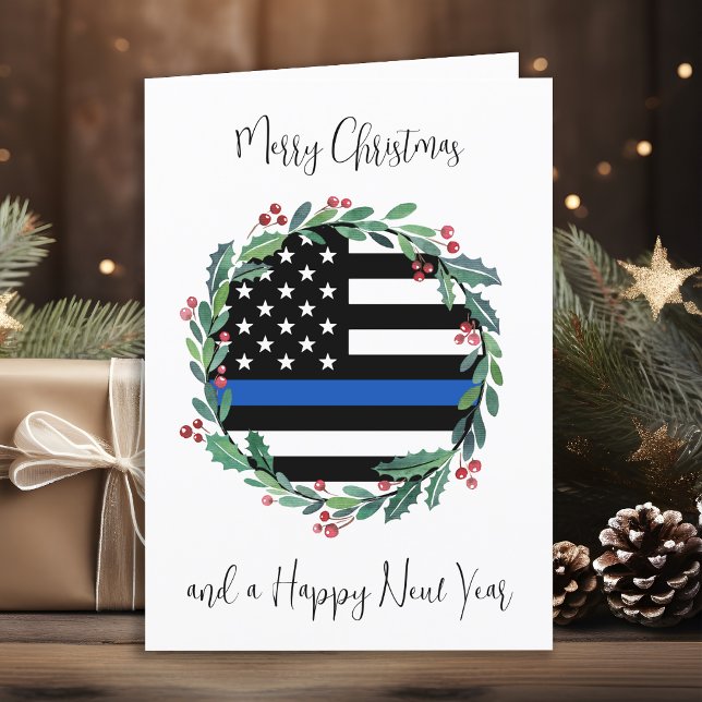 Police Thin Blue Line Flag Christmas Wreath Holiday Card (Creator Uploaded)