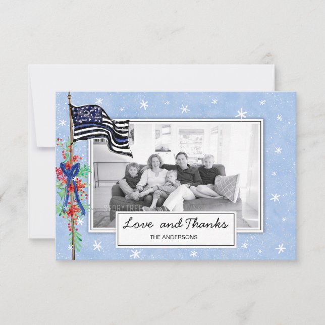 Police Thin Blue Line Flag Family Photo Holiday Thank You Card (Front)