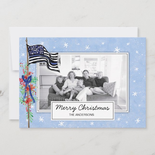 Police Thin Blue Line Flag Holly Family Photo Holiday Card (Front)