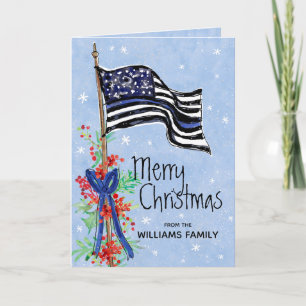 Police Thin Blue Line Flag Holly Merry Christmas Holiday Card