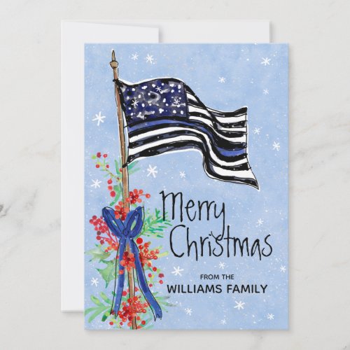 Police Thin Blue Line Flag Holly Red Berries Name Holiday Card