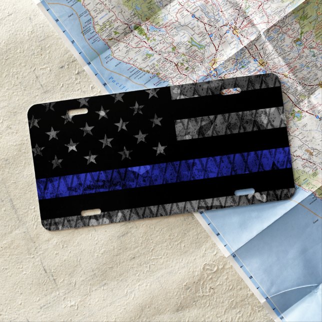 Police Thin Blue Line Flag License Plate (In Situ)