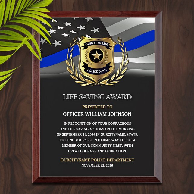 Police Thin Blue Line Flag Life Saving  Award Plaque (Creator Uploaded)