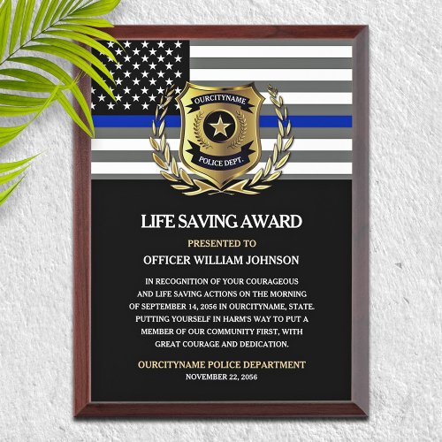 Police Thin Blue Line Flag Life Saving  Award Plaque