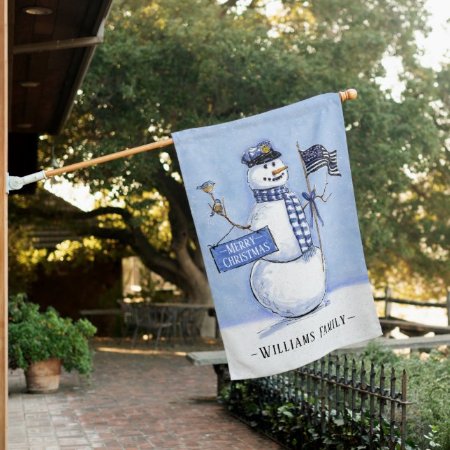 Police Thin Blue Line Flag Merry Christmas Snowman (In SItu)