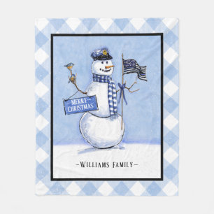 Police Thin Blue Line Flag Merry Christmas Snowman Fleece Blanket