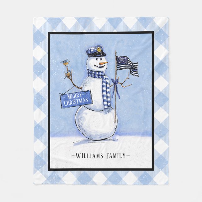 Police Thin Blue Line Flag Merry Christmas Snowman Fleece Blanket (Front)