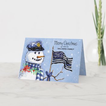 Police Thin Blue Line Flag Merry Christmas Snowman Holiday Card by ilovedigis at Zazzle