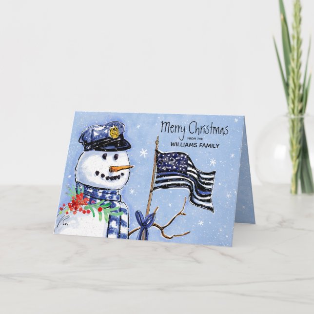 Police Thin Blue Line Flag Merry Christmas Snowman Holiday Card (Front)