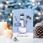 Police Thin Blue Line Flag Merry Christmas Snowman Holiday Card<br><div class="desc">This holiday card for police and law enforcement features a snowman wearing a police hat and blue plaid scarf carrying a thin blue line American flag and holding a sign that reads "Merry Christmas". Personalize with your name. Designed by world renowned artist Tim Coffey.</div>