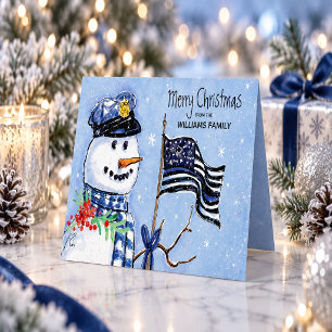 Police Thin Blue Line Flag Merry Christmas Snowman Holiday Card