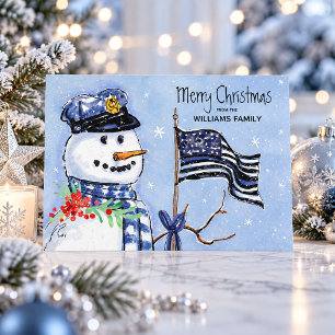 Police Thin Blue Line Flag Merry Christmas Snowman Holiday Card