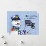 Police Thin Blue Line Flag Merry Christmas Snowman Holiday Card<br><div class="desc">This holiday flat card for police and law enforcement features a snowman wearing a police hat and blue plaid scarf carrying a thin blue line American flag decorated with festive red berries. Personalize with your name and greeting. Designed by world renowned artist Tim Coffey.</div>