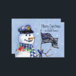 Police Thin Blue Line Flag Merry Christmas Snowman Holiday Card<br><div class="desc">This holiday flat card for police and law enforcement features a snowman wearing a police hat and blue plaid scarf carrying a thin blue line American flag decorated with festive red berries. Personalize with your name and greeting. Designed by world renowned artist Tim Coffey.</div>
