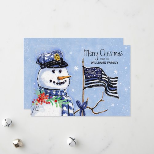 Police Thin Blue Line Flag Merry Christmas Snowman Holiday Card