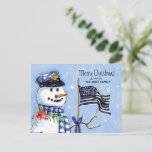 Police Thin Blue Line Flag Merry Christmas Snowman Holiday Postcard<br><div class="desc">This holiday postcard for police and law enforcement features a snowman wearing a police hat and blue plaid scarf carrying a thin blue line American flag decorated with festive red berries. Personalize with your name and greeting. Designed by world renowned artist Tim Coffey.</div>