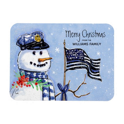 Police Thin Blue Line Flag Merry Christmas Snowman Magnet