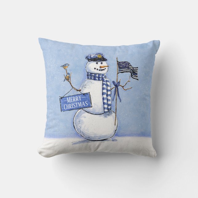 Police Thin Blue Line Flag Merry Christmas Snowman Throw Pillow (Front)
