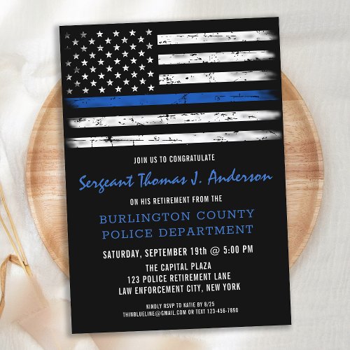 Police Thin Blue Line Flag Personalized Retirement Invitation
